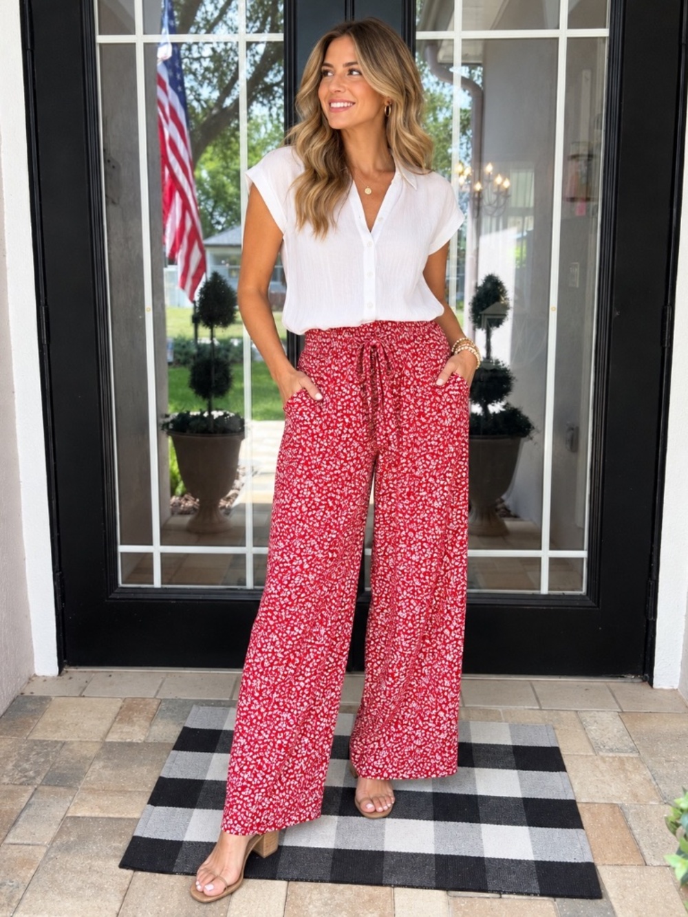 Vintage Blue Red Ditsy Floral Wide Leg Drawstring Pants Size M